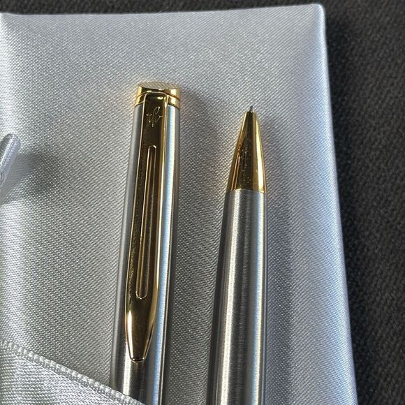 Waterman Stainless Steel Ball Point Pen & Pencil Set Silver Gold Trim Medium NEW - Picture 6 of 14